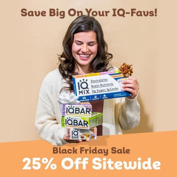 This 1:1 ad creative showcases a person holding an electrolytes drink and product bars with a clear Black Friday 25% off sitewide promotion.